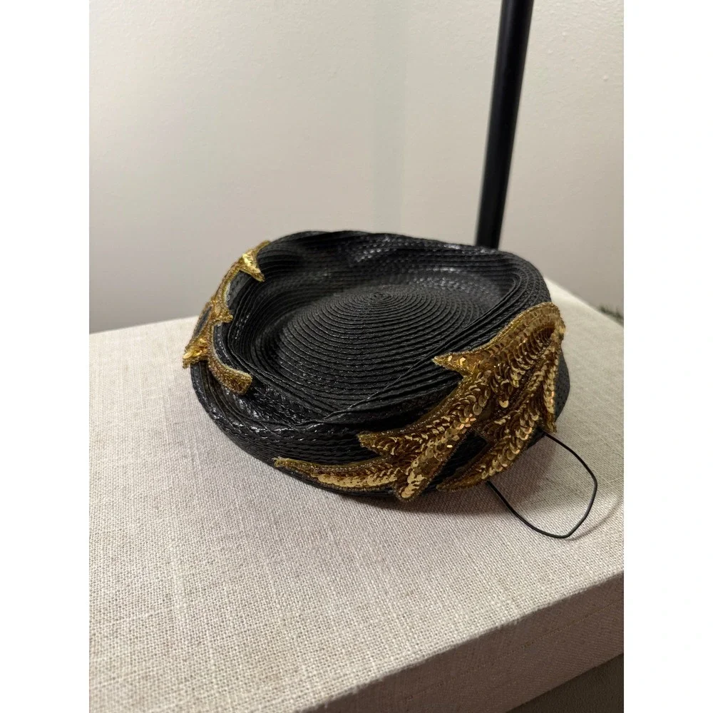 Vintage Black Pillbox Hat Gold Sequin Bird Applique Retro Formal Millinery Hat